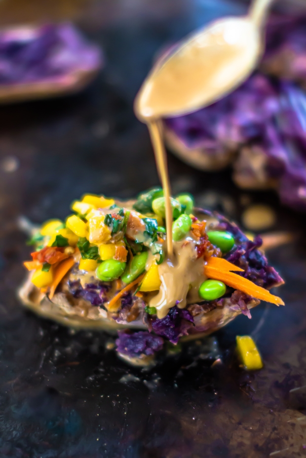 Rainbow Smashed Purple Potatoes + 5 Spice Peanut Sauce | plantcrush.co
